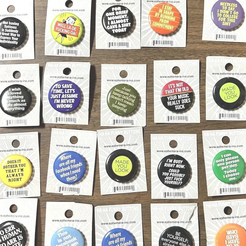 Ephemera‎ Ha-Ha Funny Buttons Pin Lot of 24 Multicolor NEW Sarcastic Snarky